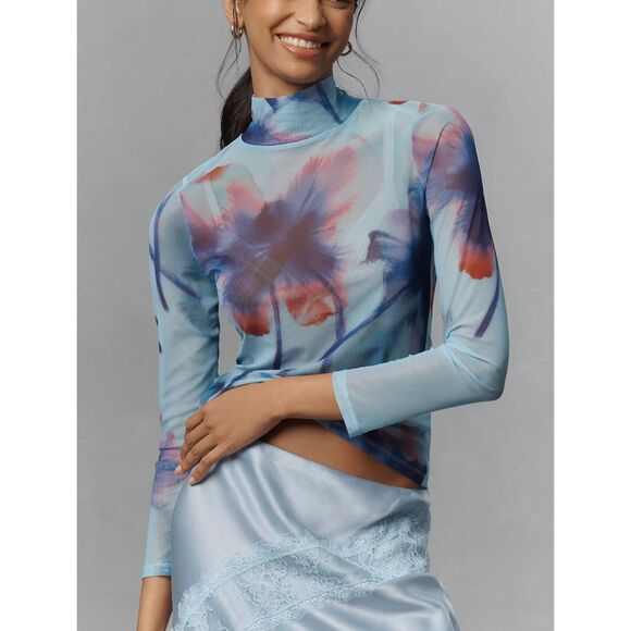 Anthropologie Tops - BY ANTHROPOLOGIE Floral Mesh Turtleneck Top Blue X-Small NEW NWT